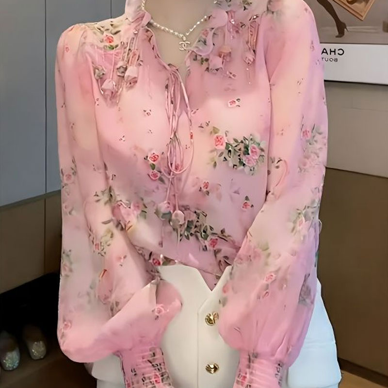 Romper Floral Print - 韓国の壊れた花のプリントブラウス,3次元の装飾服,Vネック,春の巾着シャツ