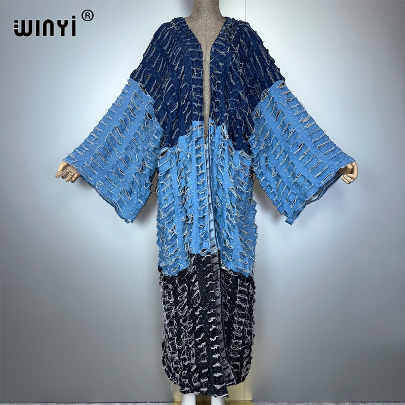 Cover Up Kaftan - WINYI キモノカラーマッチングデニムカーディガンマキシドレスビーチウェアカバーアップアバヤドバイラグジュアリービーチウェア女性用カフタン