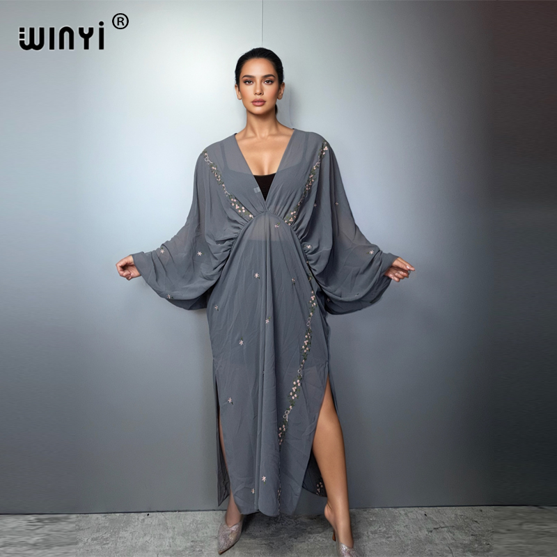 Cover Up Kaftan - WINYI Vネック レディース カフタンワンピース アラビア伝統柄 ビーチカバーアップ