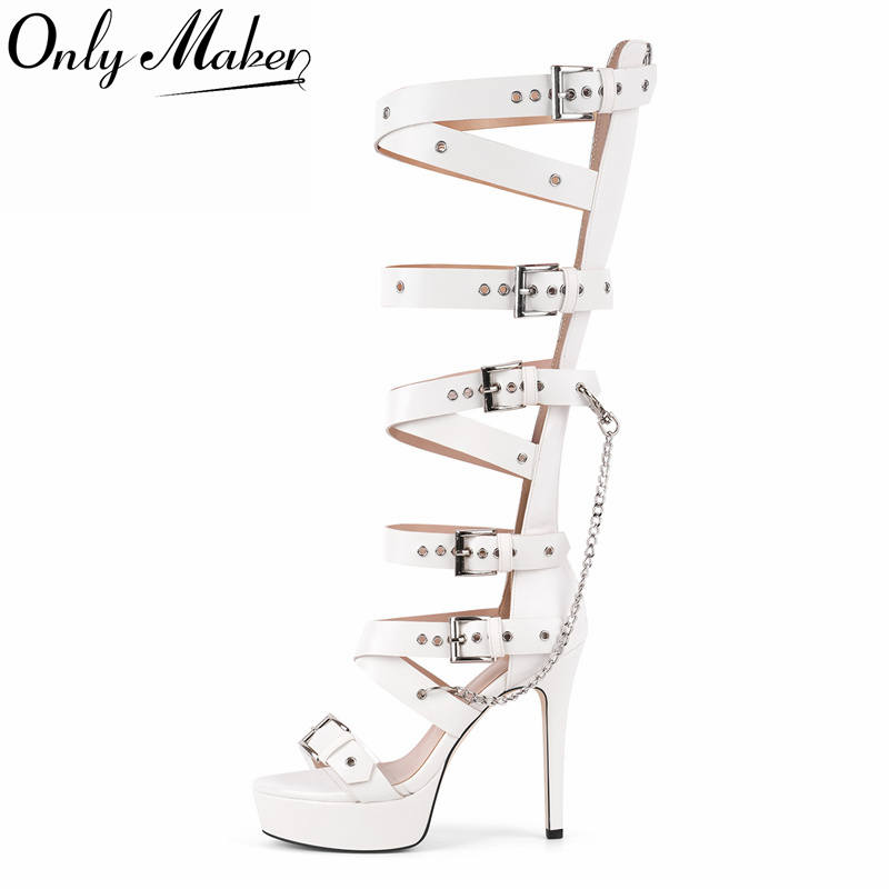 Sandal Strappy Heeled - Onlymaker プラットフォーム ニーハイ アイレット ベルト ストラップ