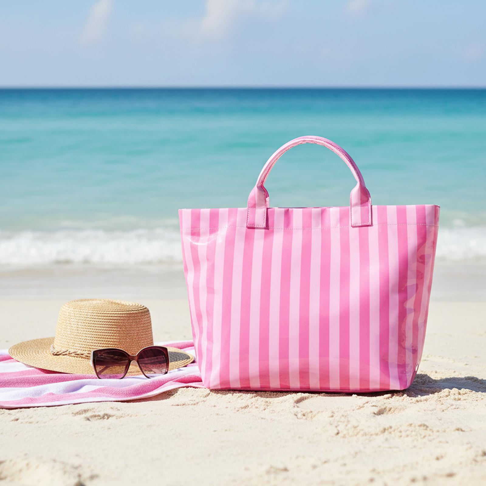 Tote Bag Beach - 女性用、大容量のストライプ柄防水トートバッグ。カジュアルな週末旅行やビーチでの使用に最適。内ポケット付きで、ノートパソコンや食料品の収納にも便利。