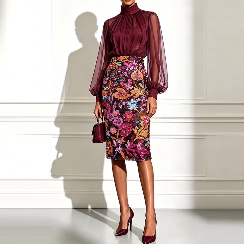 セクシーなハイネックのシースルーメッシュブラウスと花柄プリン - Midi Skirt Floral のレビューと価格