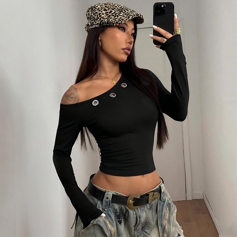 レディース オフショルダー 長袖 クロップトップ 無地 スリ - Blouse Off Shoulder のレビューと価格