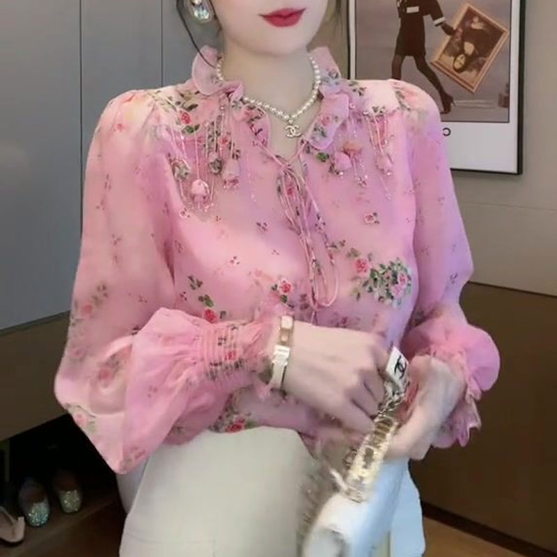 韓国の壊れた花のプリントブラウス,3次元の装飾服,Vネック, - Romper Floral Print のレビューと価格