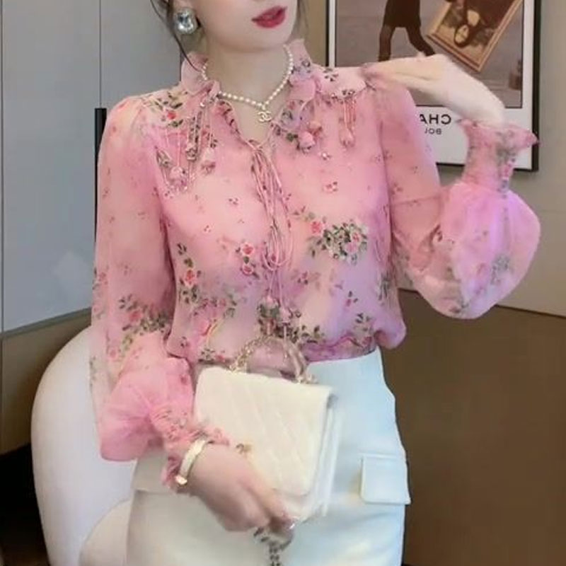 韓国の壊れた花のプリントブラウス,3次元の装飾服,Vネック, - Romper Floral Print のレビューと価格