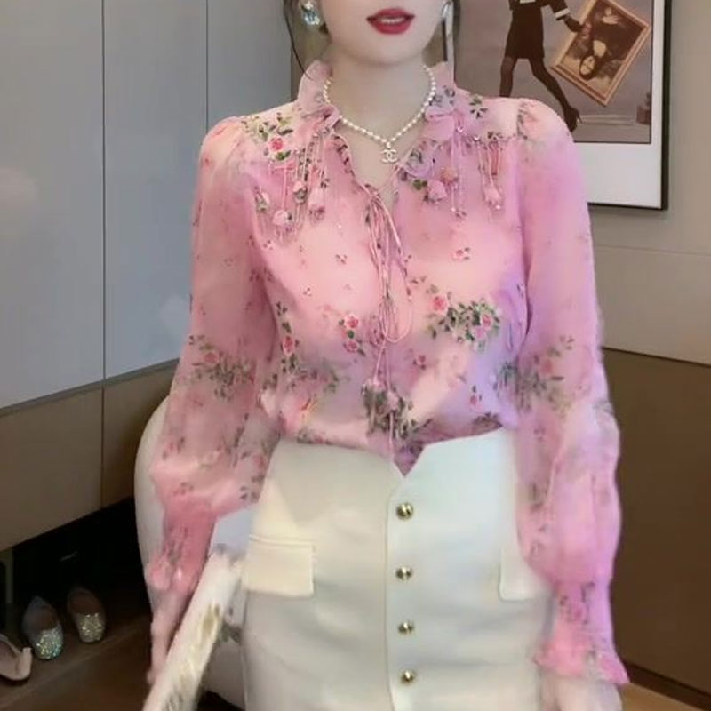 韓国の壊れた花のプリントブラウス,3次元の装飾服,Vネック, - Romper Floral Print のレビューと価格