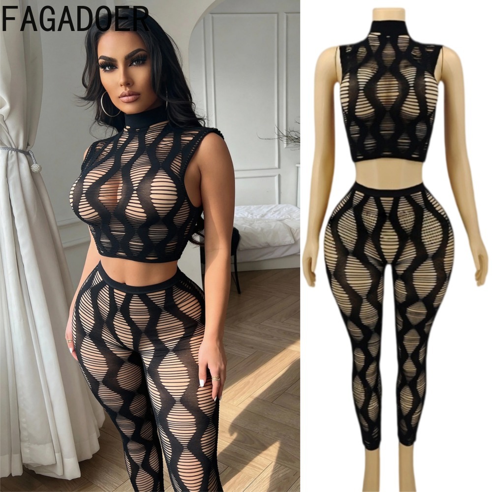 FAGADOER セクシーなニット2点セット。女性用、袖なし - Crop Top Crochet のレビューと価格