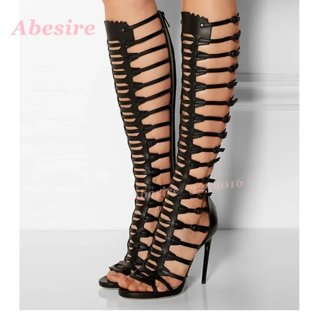 ピープトウマルチバックルサマーサンダル女性用ブラック中空アウ - Sandal Strappy Heeled のレビューと価格