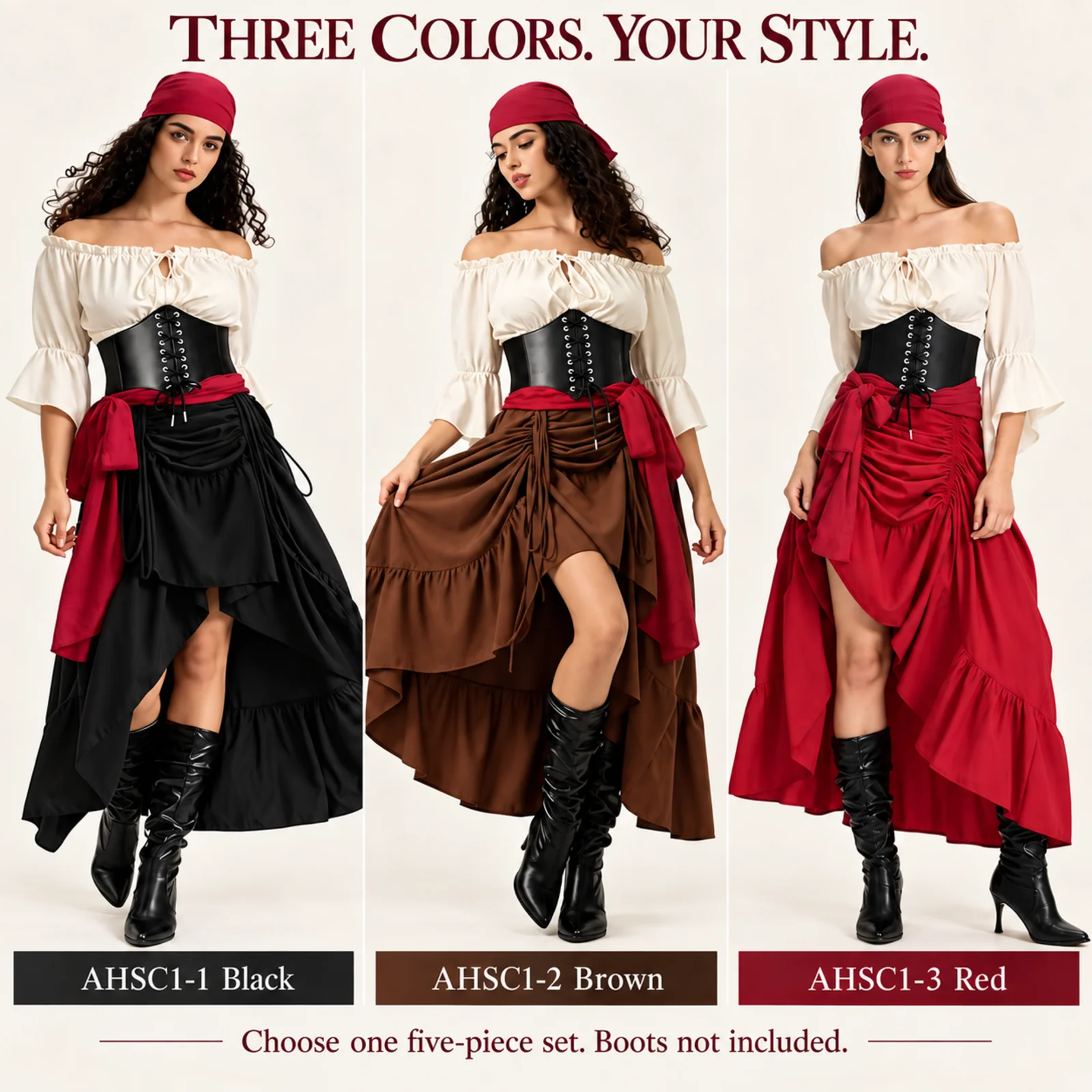 女性用海賊コスチュームセット：ブラウス、コルセット、スカート - Blouse Off Shoulder のレビューと価格